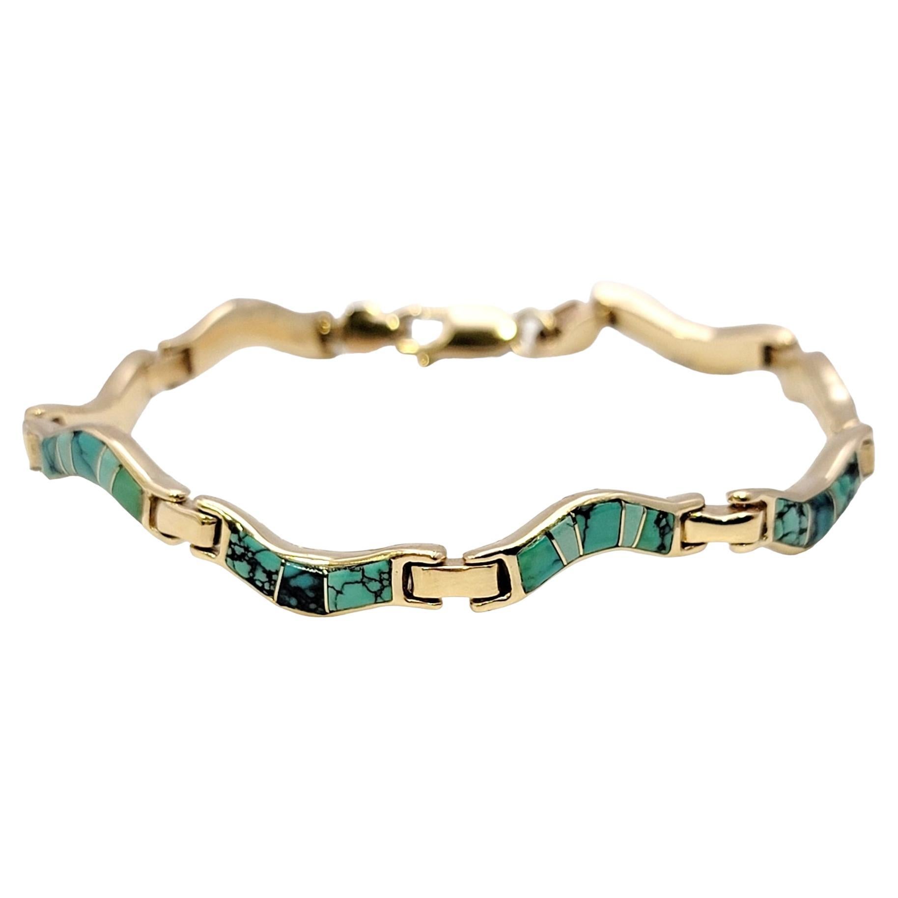 Natural Turquoise Inlay Wavy Link Bracelet in Polished 14 Karat Yellow Gold For Sale