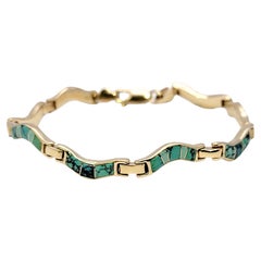 Natural Turquoise Inlay Wavy Link Bracelet in Polished 14 Karat Yellow Gold
