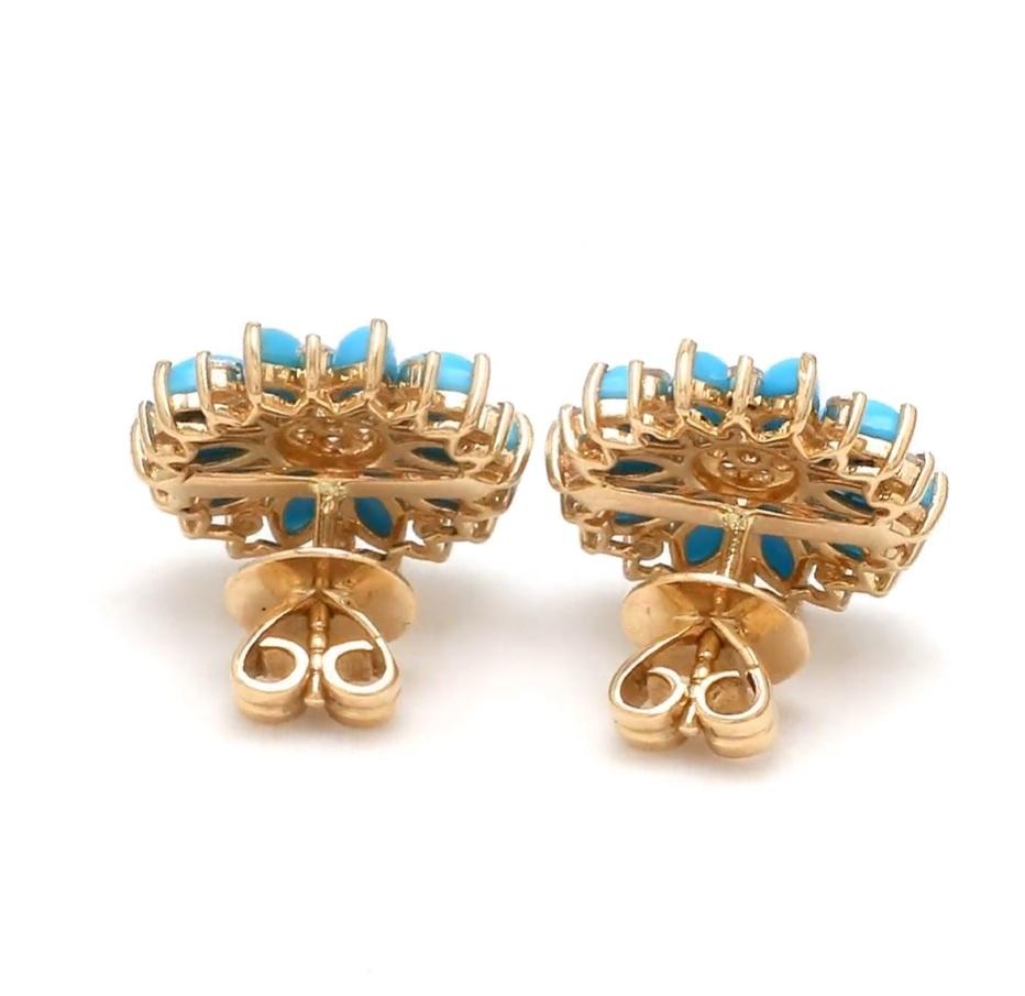 Natural turquoise marquise cabochon studs in 14k gold For Sale 2