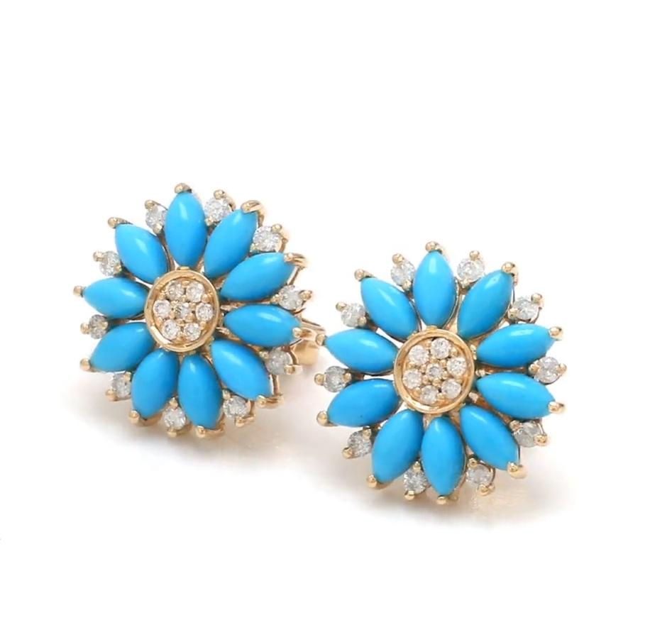 Natural turquoise marquise cabochon studs in 14k gold For Sale 4