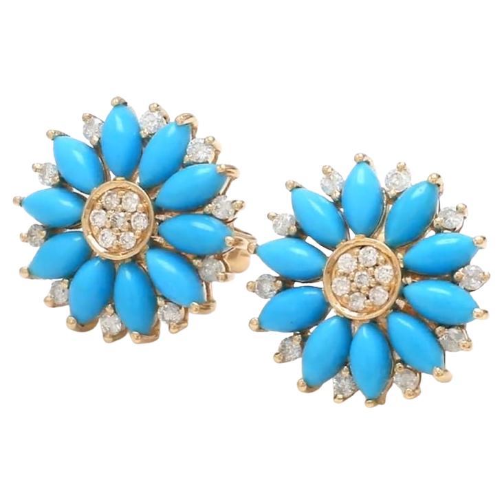 Natural turquoise marquise cabochon studs in 14k gold For Sale