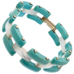 Natural Turquoise Mother of Pearl Yellow Gold Panther Link Bracelet