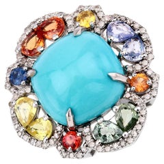 Natural Turquoise Multi Color Sapphires & Diamonds Statement Ring Silver