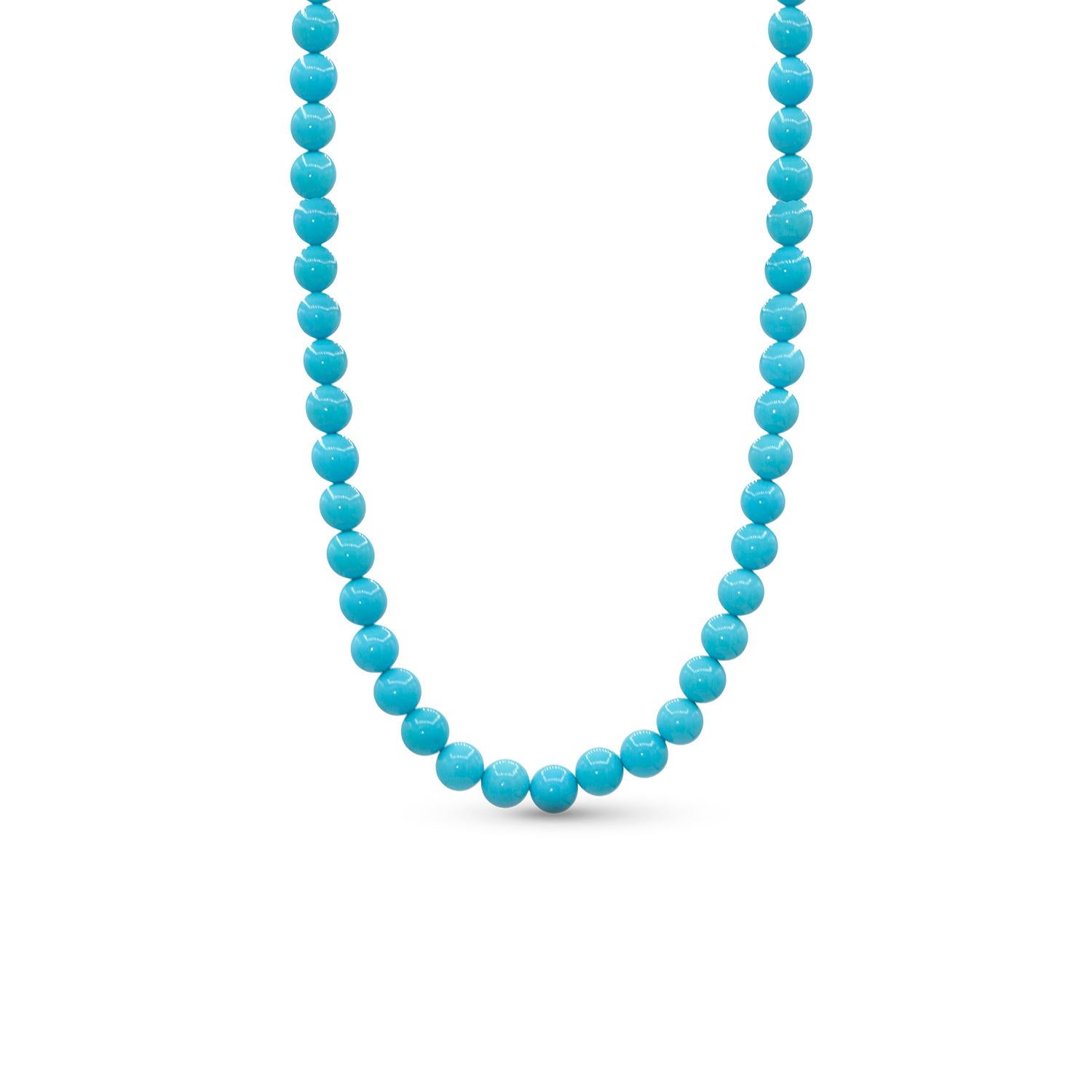 Necklace realized in Natural turquoise round beads and 18kt gold clasp
Natural turquoise from Arizona, Sleeping Beauty Mine. Round beads size 9-9.5 mm
18kt yellow gold clasp
Total lenght cm 48 ( including clasp) 
