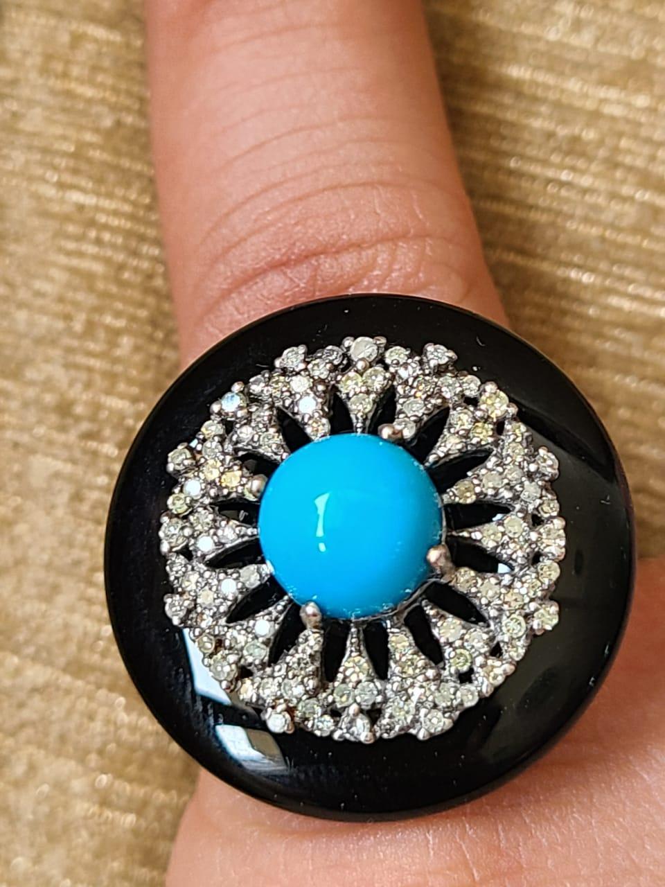 Cabochon Natural Turquoise, Onyx & Diamonds Art Deco Style Victorian Cocktail/ Dome Ring For Sale