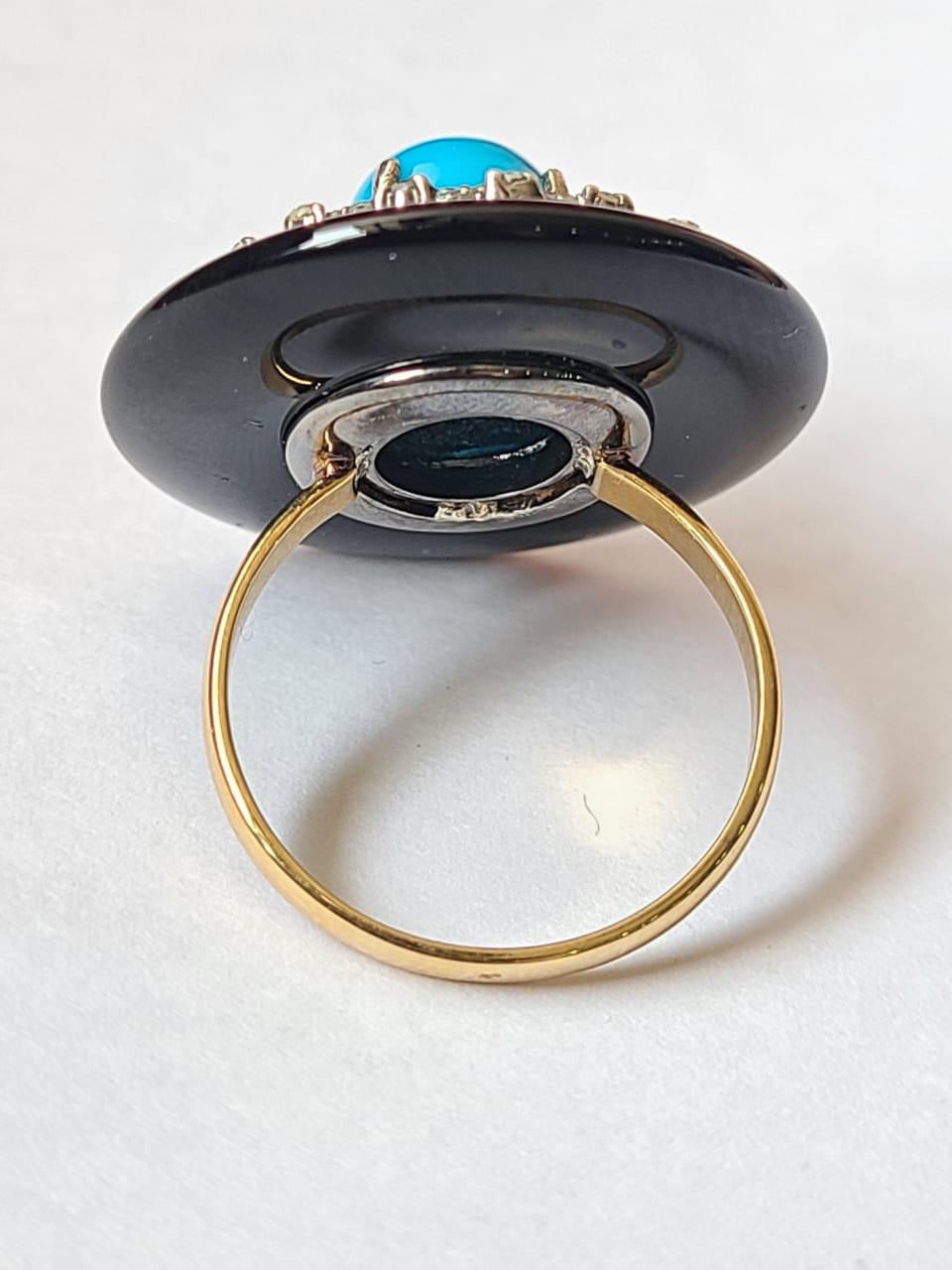 Women's or Men's Natural Turquoise, Onyx & Diamonds Art Deco Style Victorian Cocktail/ Dome Ring For Sale