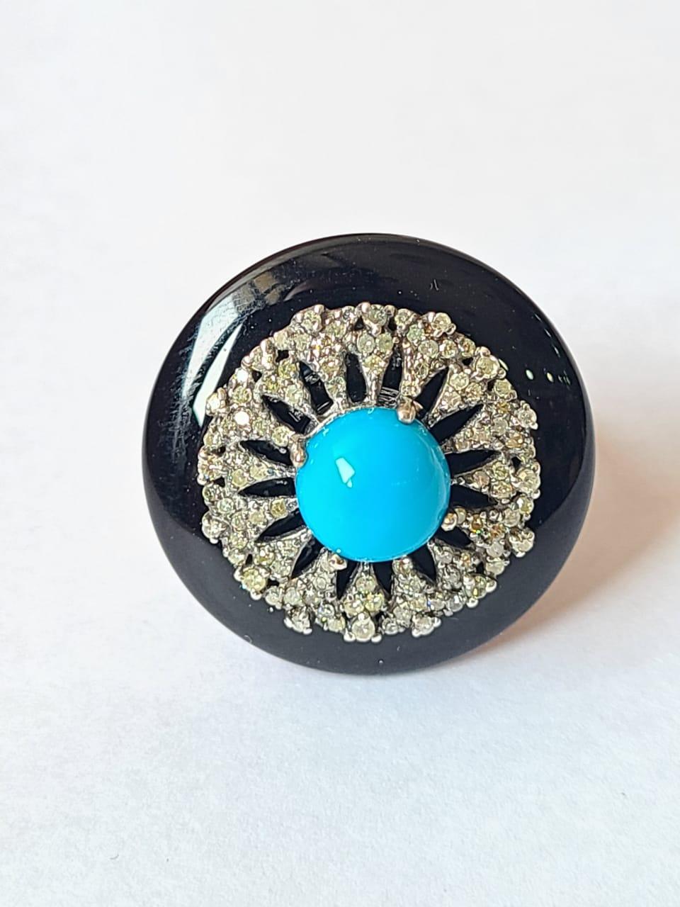 Natural Turquoise, Onyx & Diamonds Art Deco Style Victorian Cocktail/ Dome Ring For Sale 1
