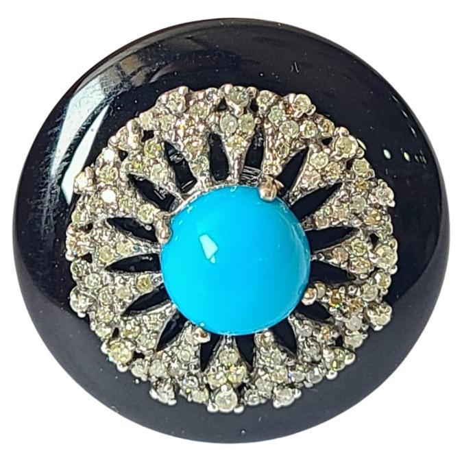 Natural Turquoise, Onyx & Diamonds Art Deco Style Victorian Cocktail/ Dome Ring For Sale