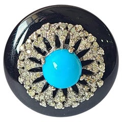 Antique Natural Turquoise, Onyx & Diamonds Art Deco Style Victorian Cocktail/ Dome Ring