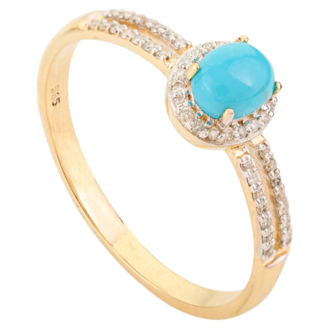 For Sale:  Natural Turquoise Oval 5x4 mm with Diamond Accents Halo Ring in 14K Yellow Gold 2