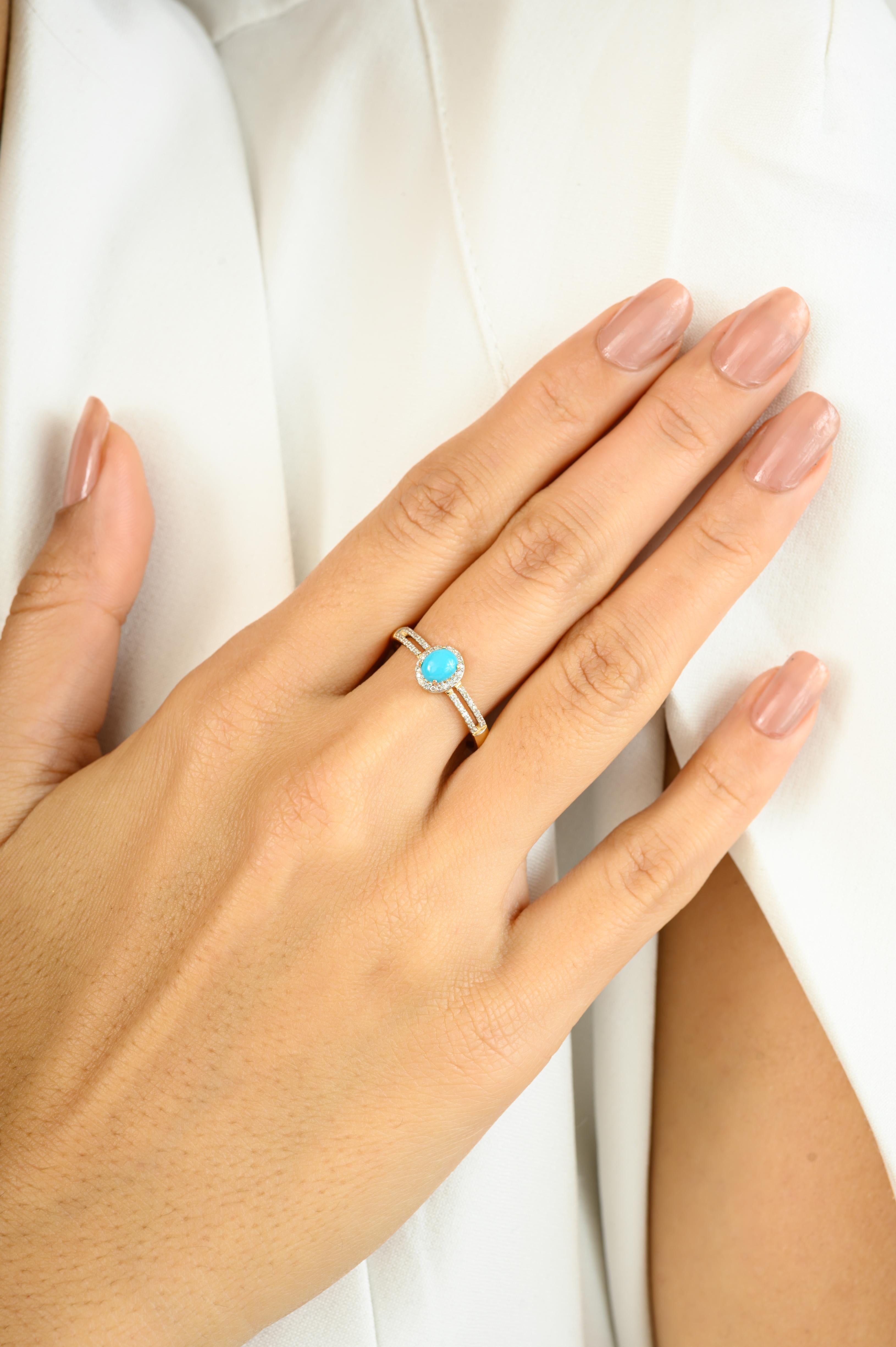 For Sale:  Natural Turquoise Oval 5x4 mm with Diamond Accents Halo Ring in 14K Yellow Gold 3
