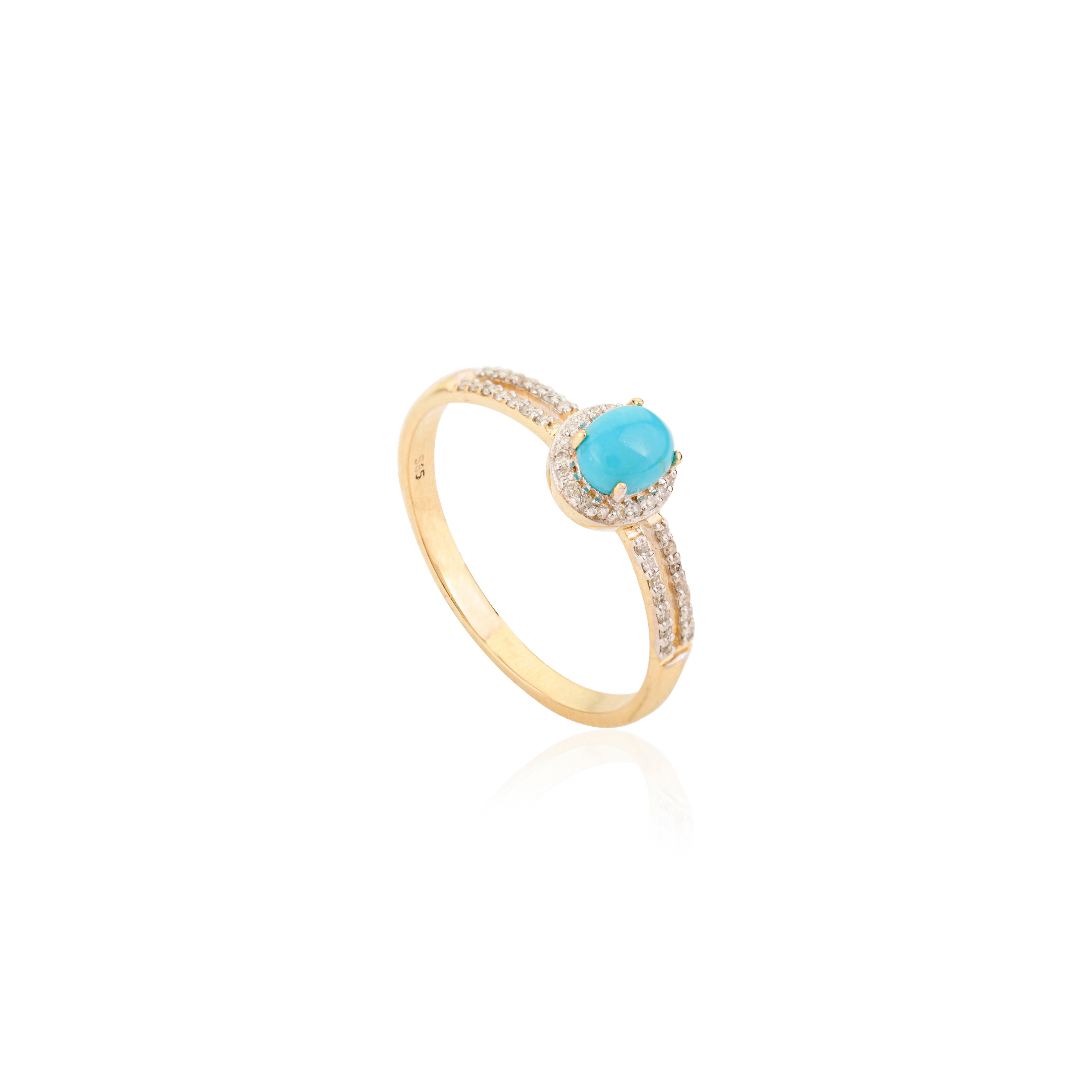 For Sale:  Natural Turquoise Oval 5x4 mm with Diamond Accents Halo Ring in 14K Yellow Gold 4