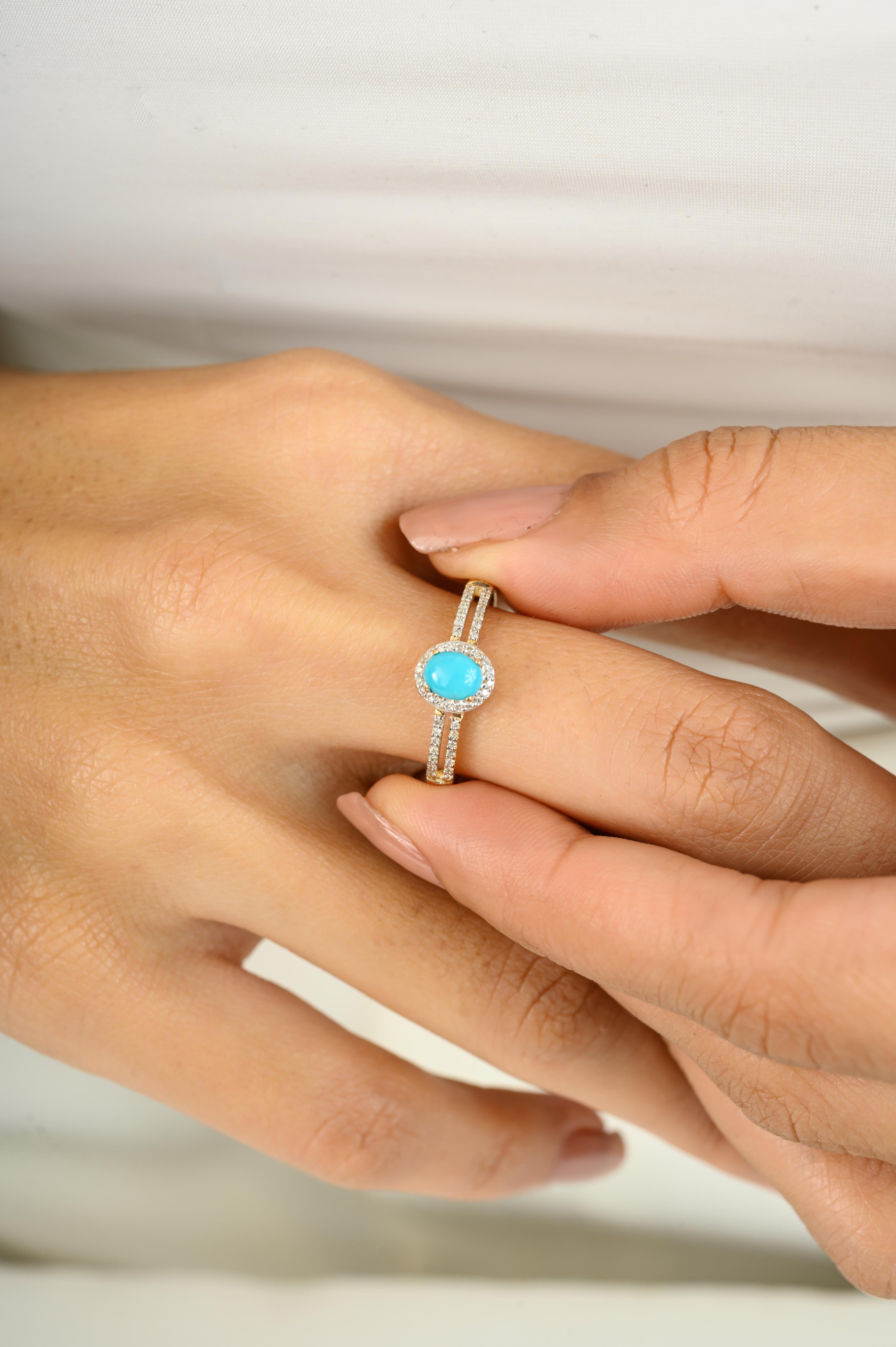 For Sale:  Natural Turquoise Oval 5x4 mm with Diamond Accents Halo Ring in 14K Yellow Gold 5