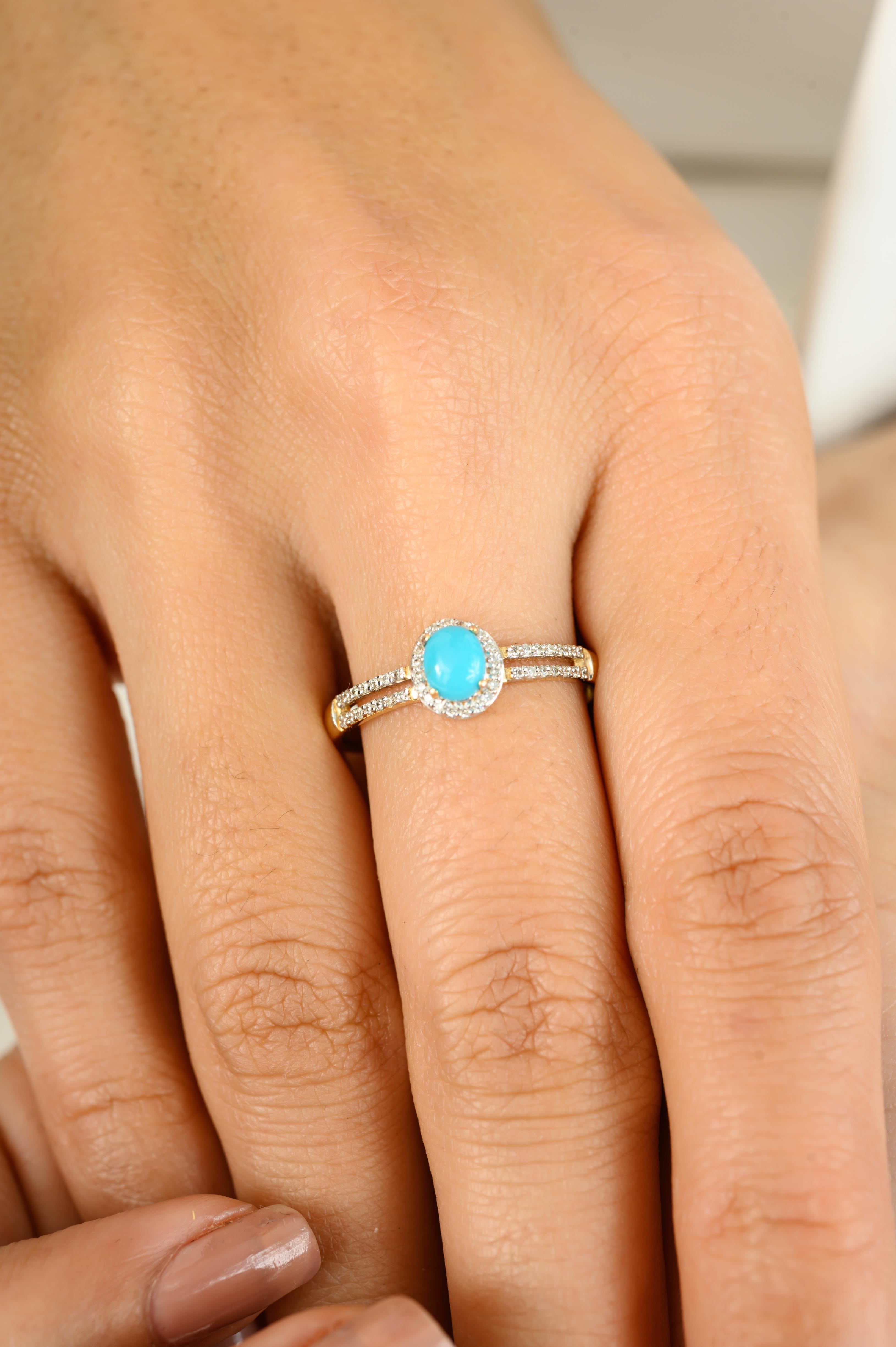 For Sale:  Natural Turquoise Oval 5x4 mm with Diamond Accents Halo Ring in 14K Yellow Gold 6