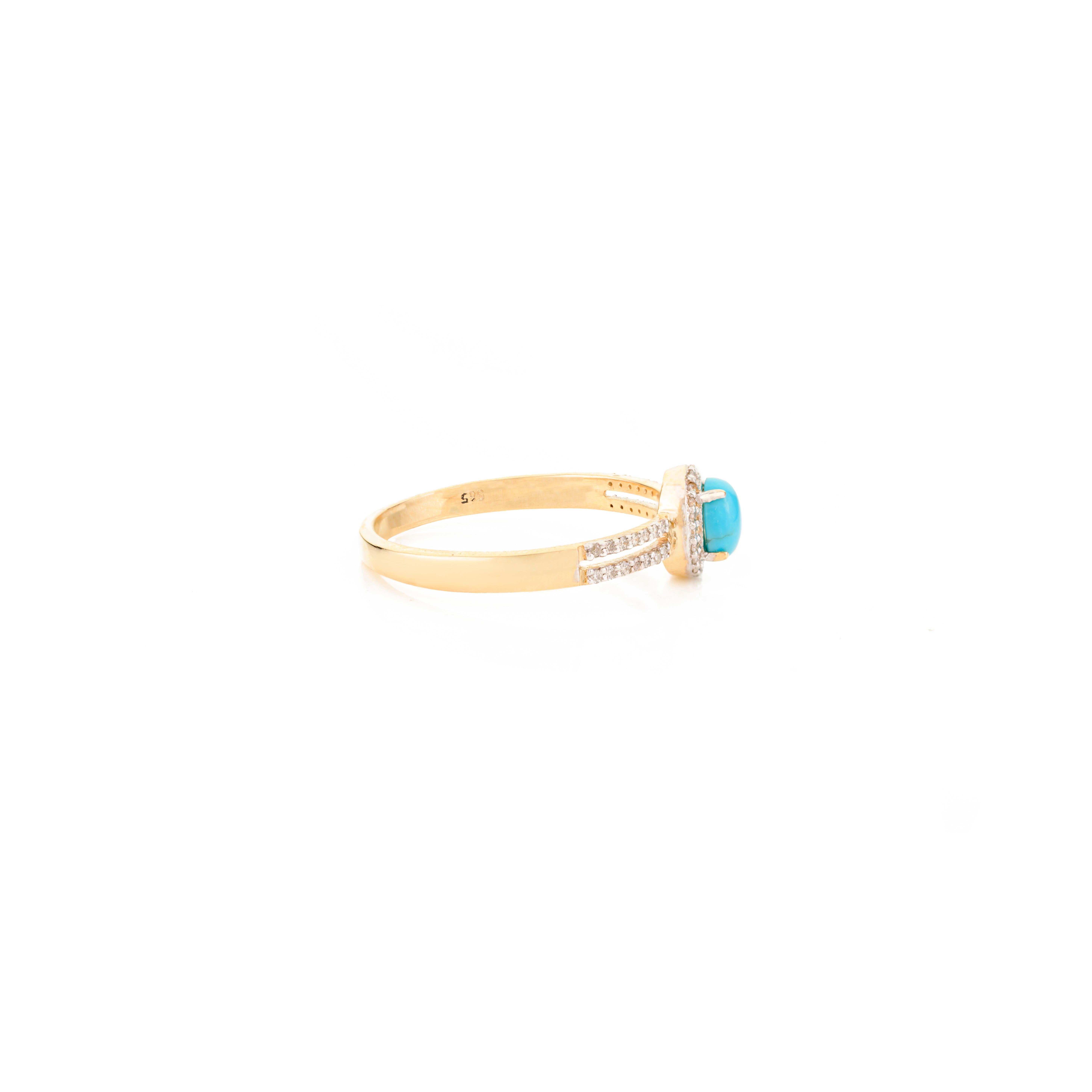 For Sale:  Natural Turquoise Oval 5x4 mm with Diamond Accents Halo Ring in 14K Yellow Gold 7