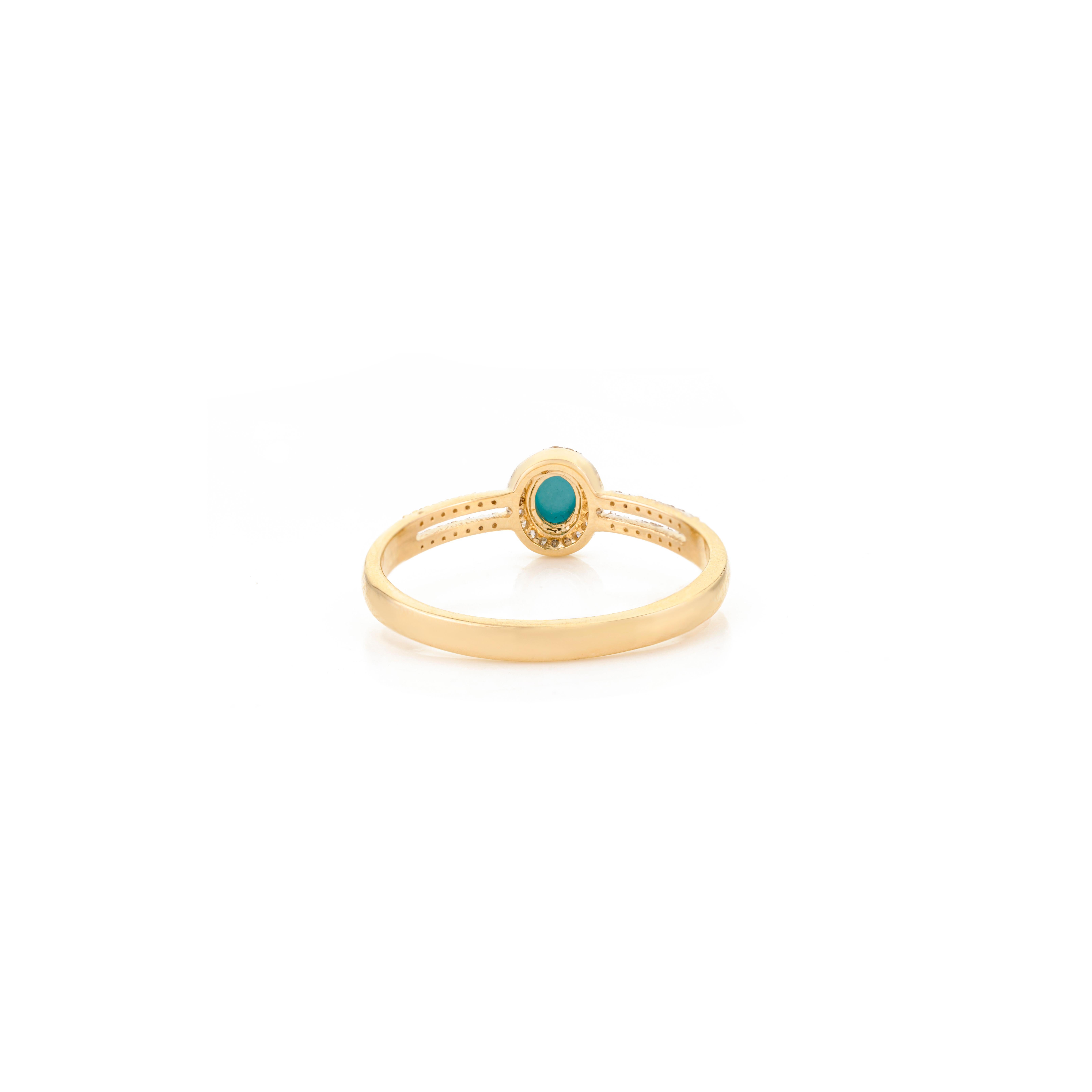 For Sale:  Natural Turquoise Oval 5x4 mm with Diamond Accents Halo Ring in 14K Yellow Gold 8