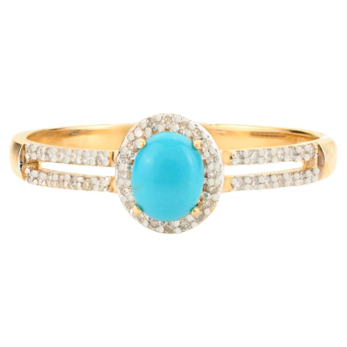 For Sale:  Natural Turquoise Oval 5x4 mm with Diamond Accents Halo Ring in 14K Yellow Gold