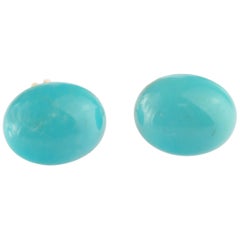 Natural Turquoise Oval Cabochon 18 Karat Gold Stud Chic Cocktail Earrings