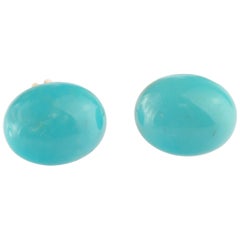 Natural Turquoise Oval Cabochon 9 Karat Gold Stud Chic Cocktail Earrings