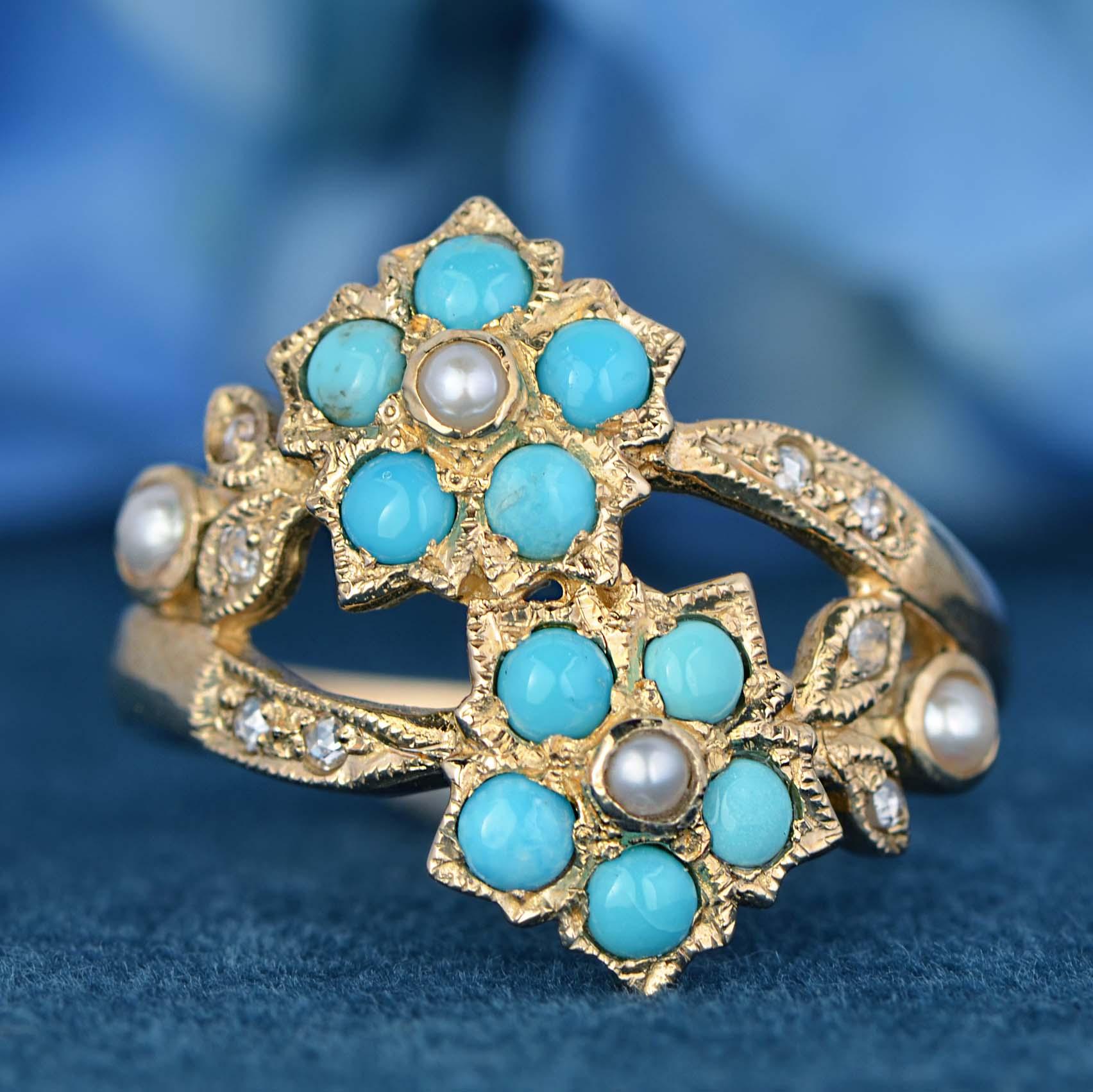 Victorian Natural Turquoise Pearl and Diamond Vintage Style Floral Ring in 9K Gold For Sale