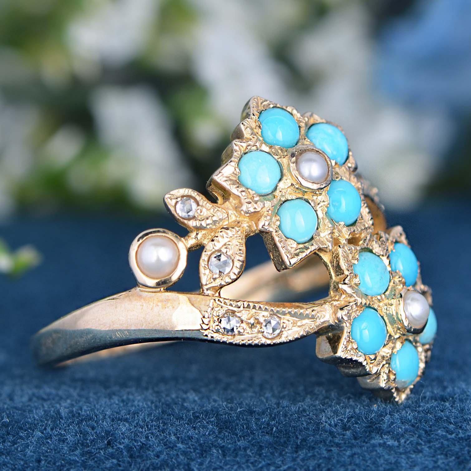 Round Cut Natural Turquoise Pearl and Diamond Vintage Style Floral Ring in 9K Gold For Sale