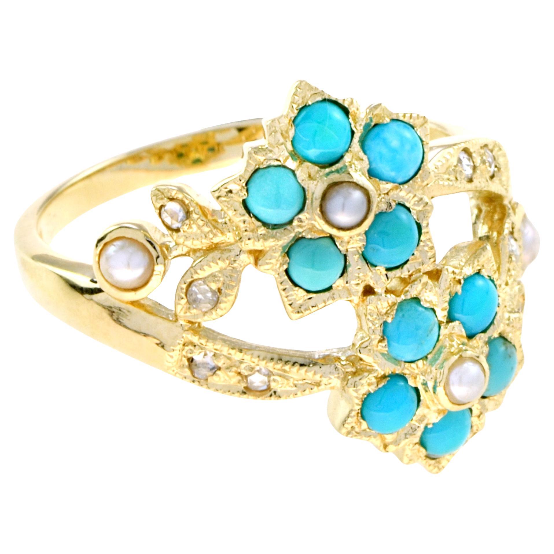 Natural Turquoise Pearl and Diamond Vintage Style Floral Ring in 9K Gold For Sale