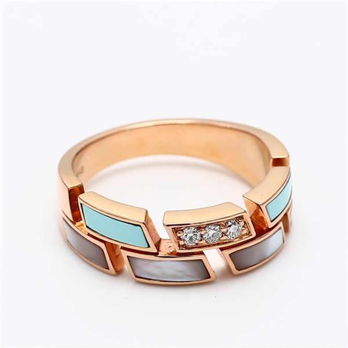 Single Cut Natural Turquoise and White Pinctada Maxima .09 Carat TW Rose Gold Wedding Band For Sale