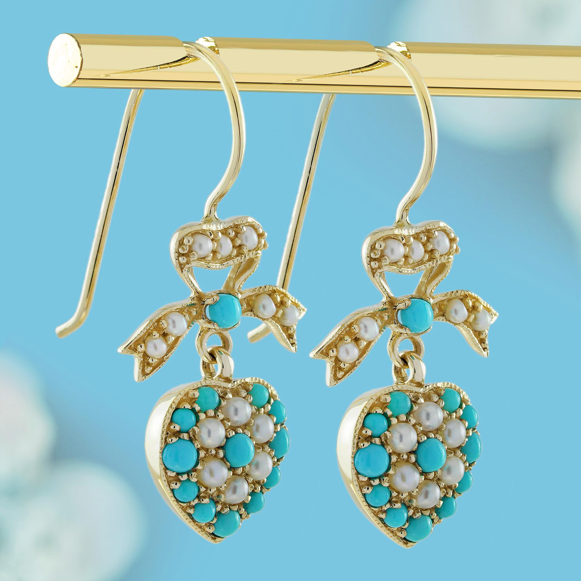 Edwardian Natural Turquoise Pearl Vintage Style Ribbon Heart Earrings in 9K Yellow Gold For Sale