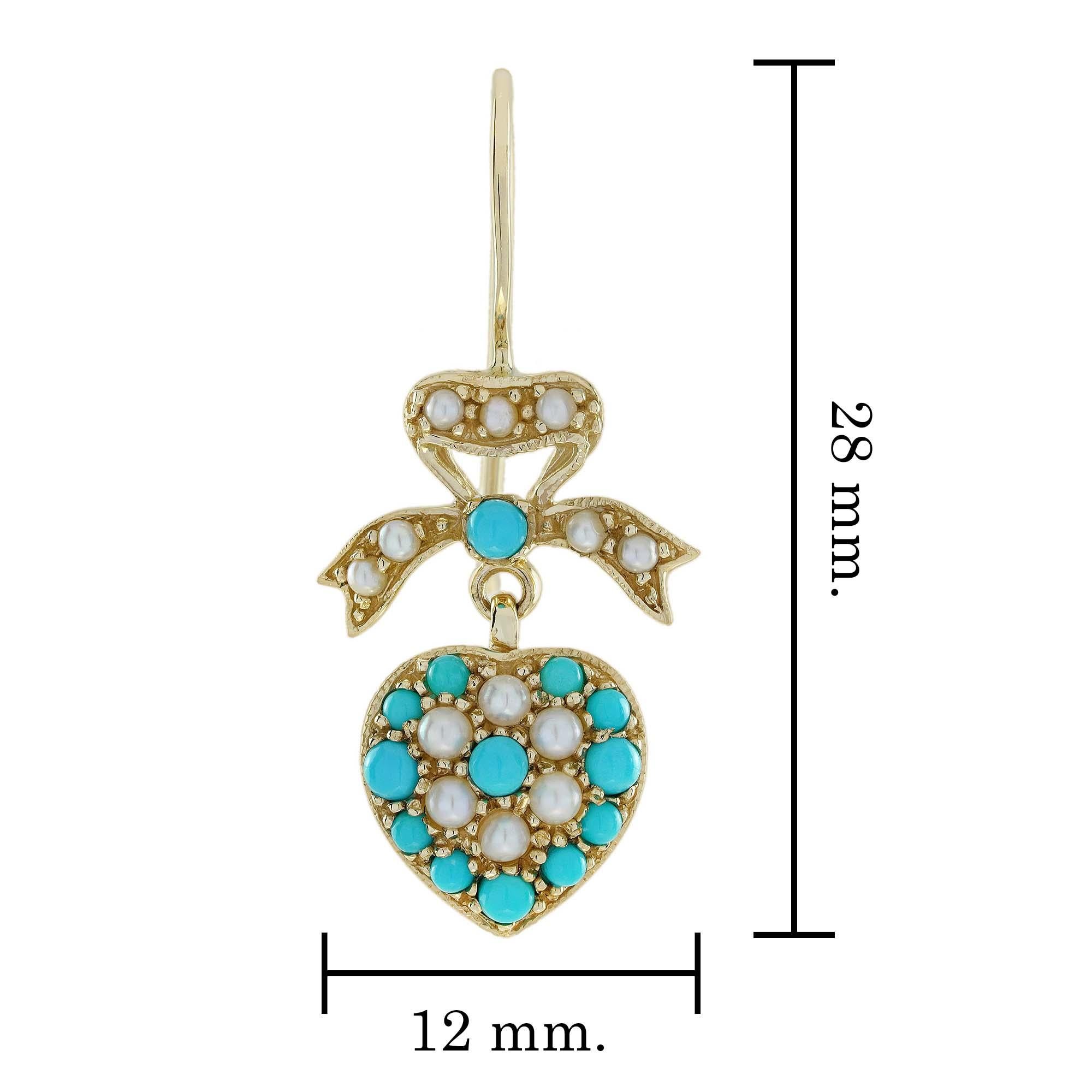 Natural Turquoise Pearl Vintage Style Ribbon Heart Earrings in 9K Yellow Gold In New Condition For Sale In Bangkok, TH
