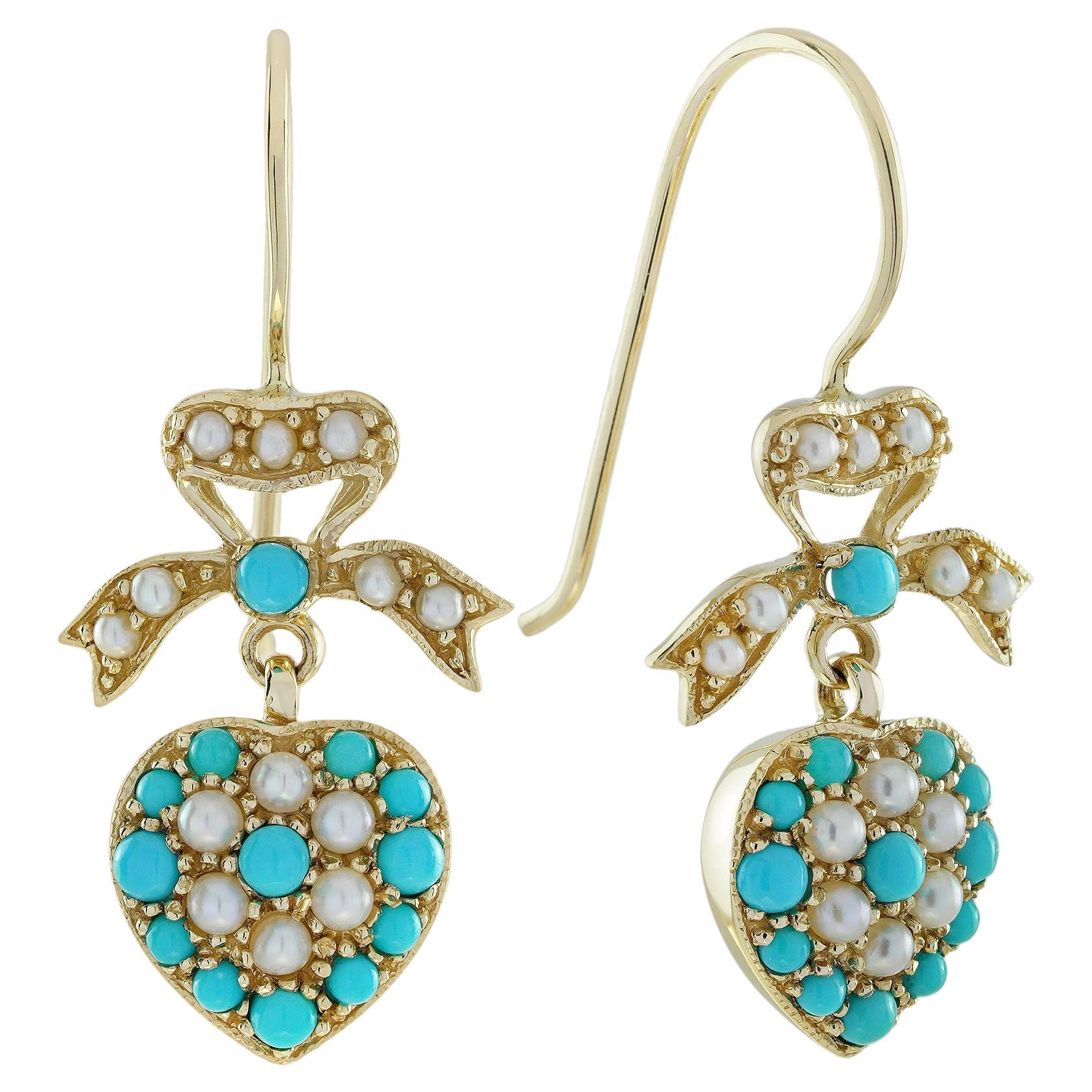 Natural Turquoise Pearl Vintage Style Ribbon Heart Earrings in 9K Yellow Gold For Sale
