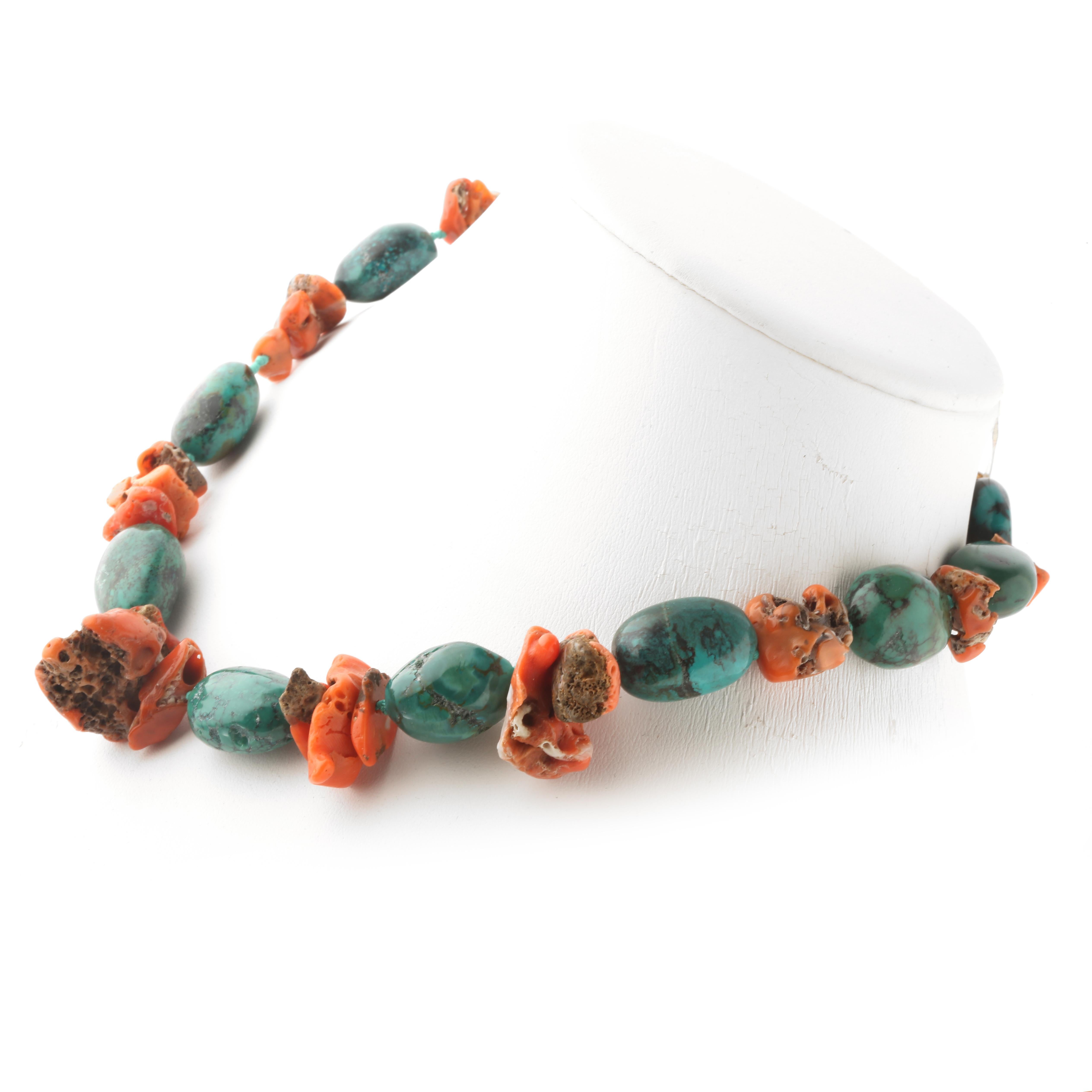 Art Nouveau Natural Turquoise Red Coral Raw Silver Chocker Beaded Necklace Intini Jewels For Sale