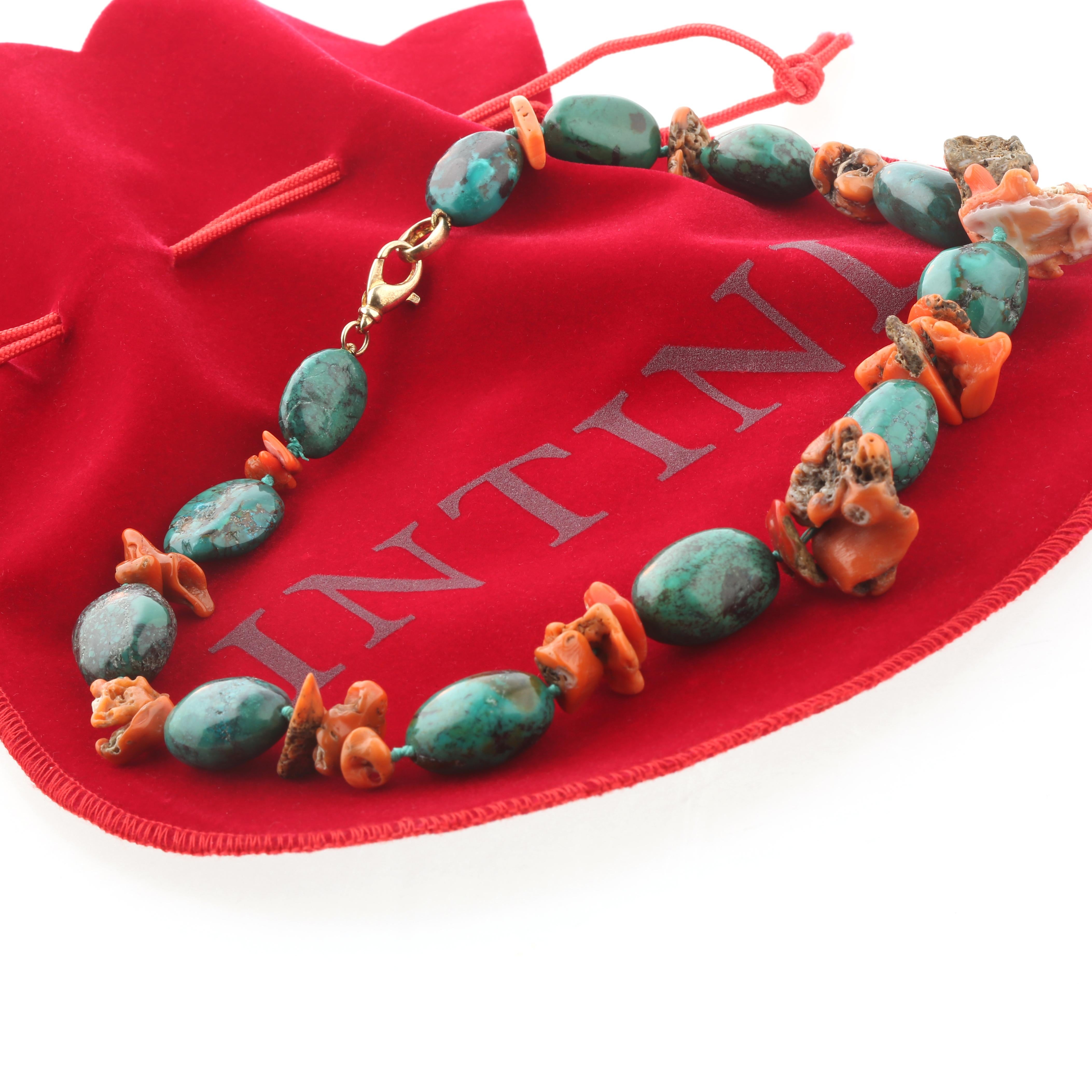 Mixed Cut Natural Turquoise Red Coral Raw Silver Chocker Beaded Necklace Intini Jewels For Sale