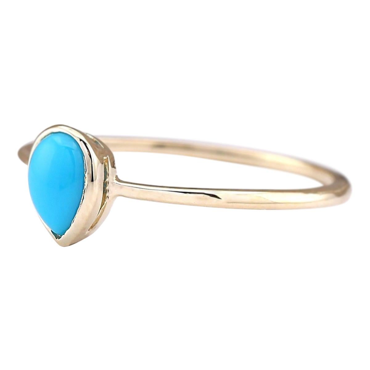 Introducing our exquisite 14 Karat Yellow Gold Ring featuring a captivating 0.40 Carat Natural Turquoise centerpiece. Stamped for authenticity, this ring weighs a mere 1.1 grams, ensuring comfort and wearability. The natural turquoise gemstone,