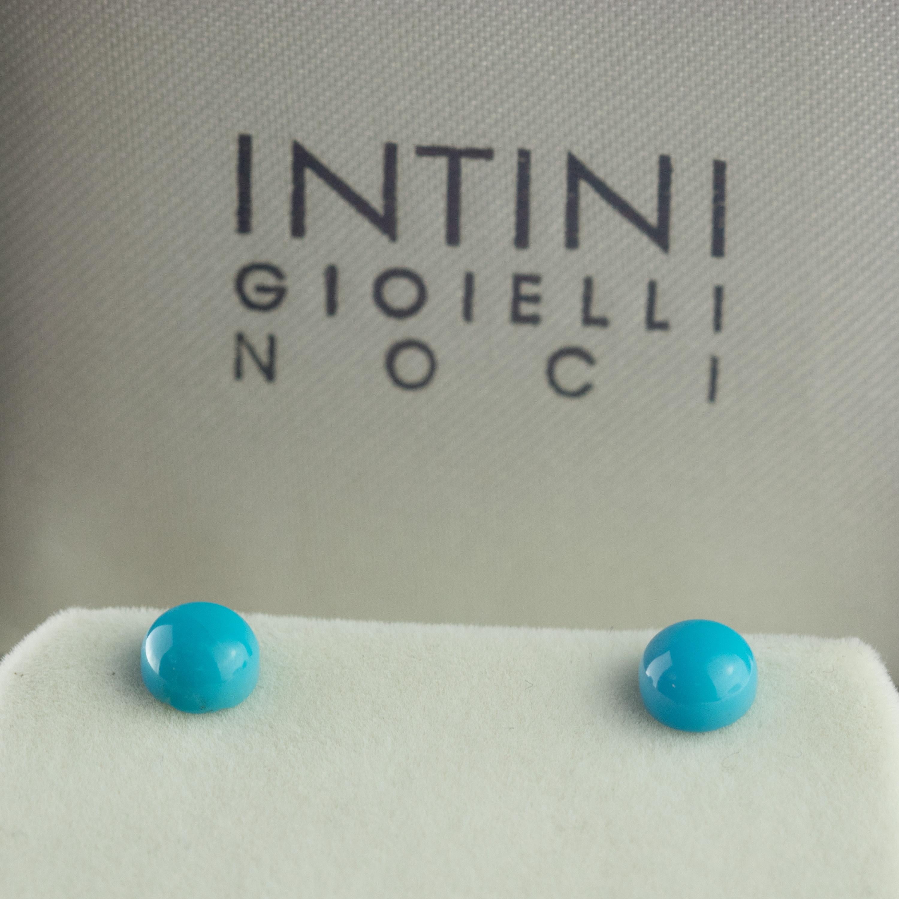 Retro and elegant earrings with an exceptional art work, outstanding display of color and Italian craftsmanship designed by Intini Jewels. This unique chic cocktail earring has a natural round cabochon turquoise stud design.
 
These earrings
