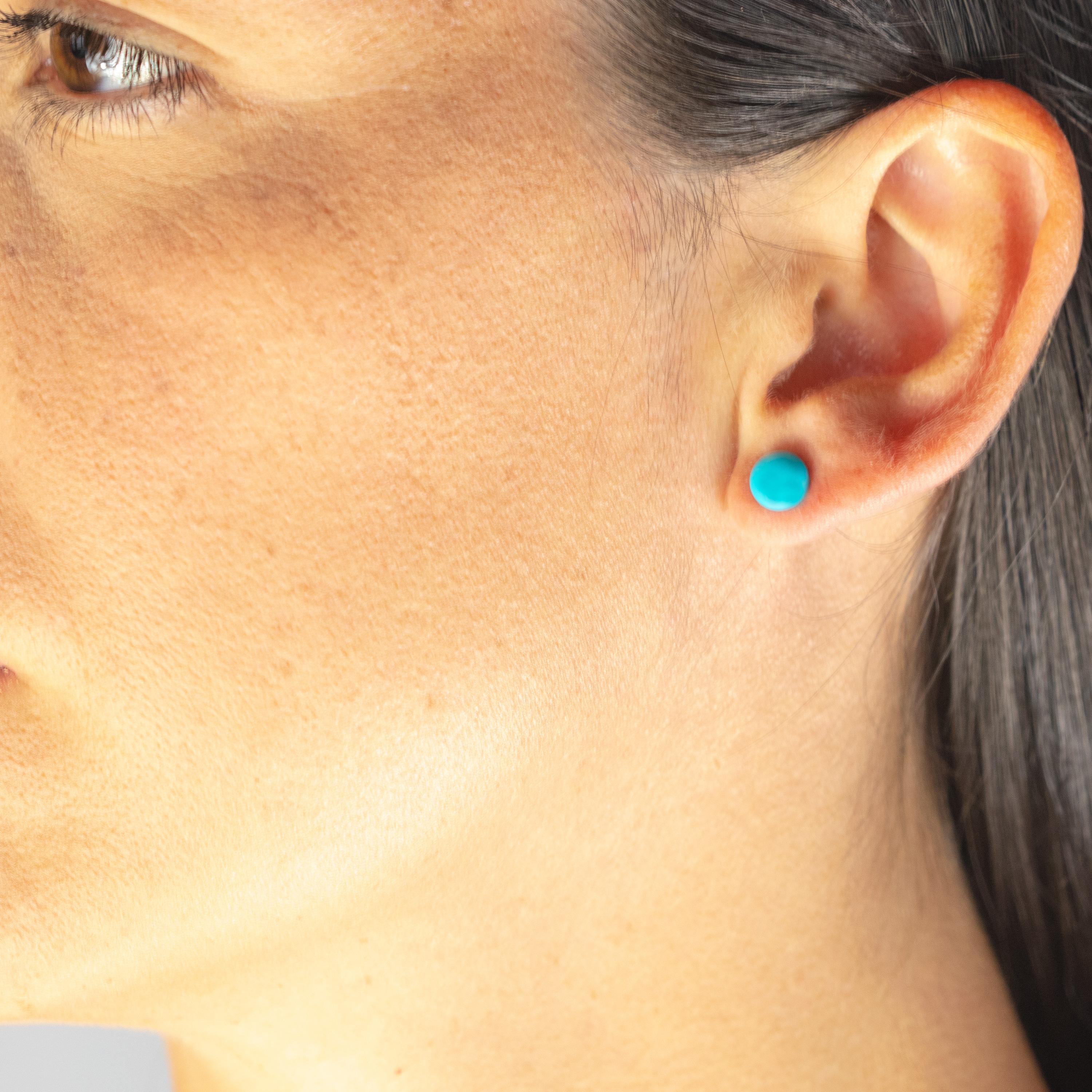 Clous d'oreilles cocktail chics en argent sterling avec turquoise naturelle ronde cabochon en vente 5