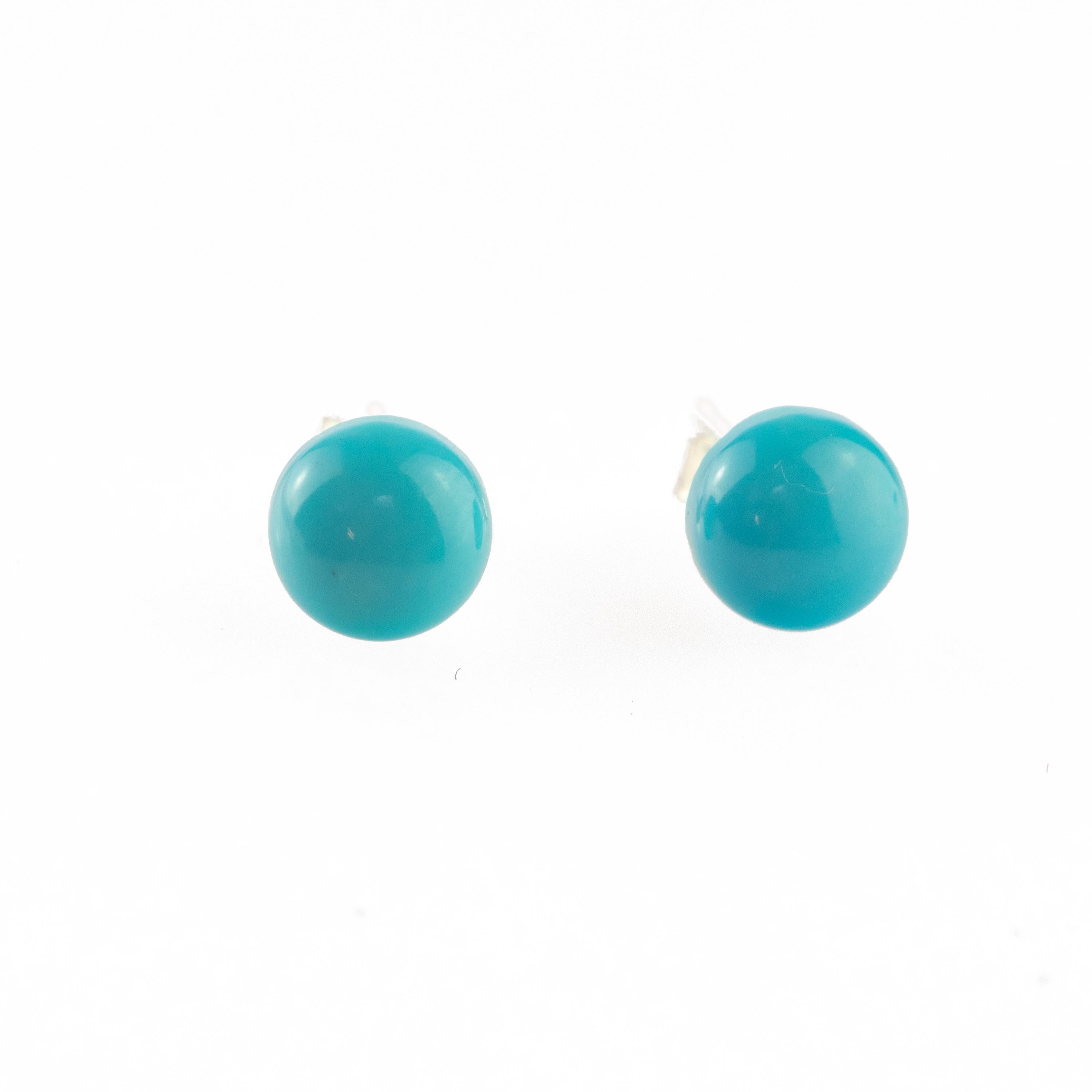 Clous d'oreilles cocktail chics en argent sterling avec turquoise naturelle ronde cabochon en vente 1