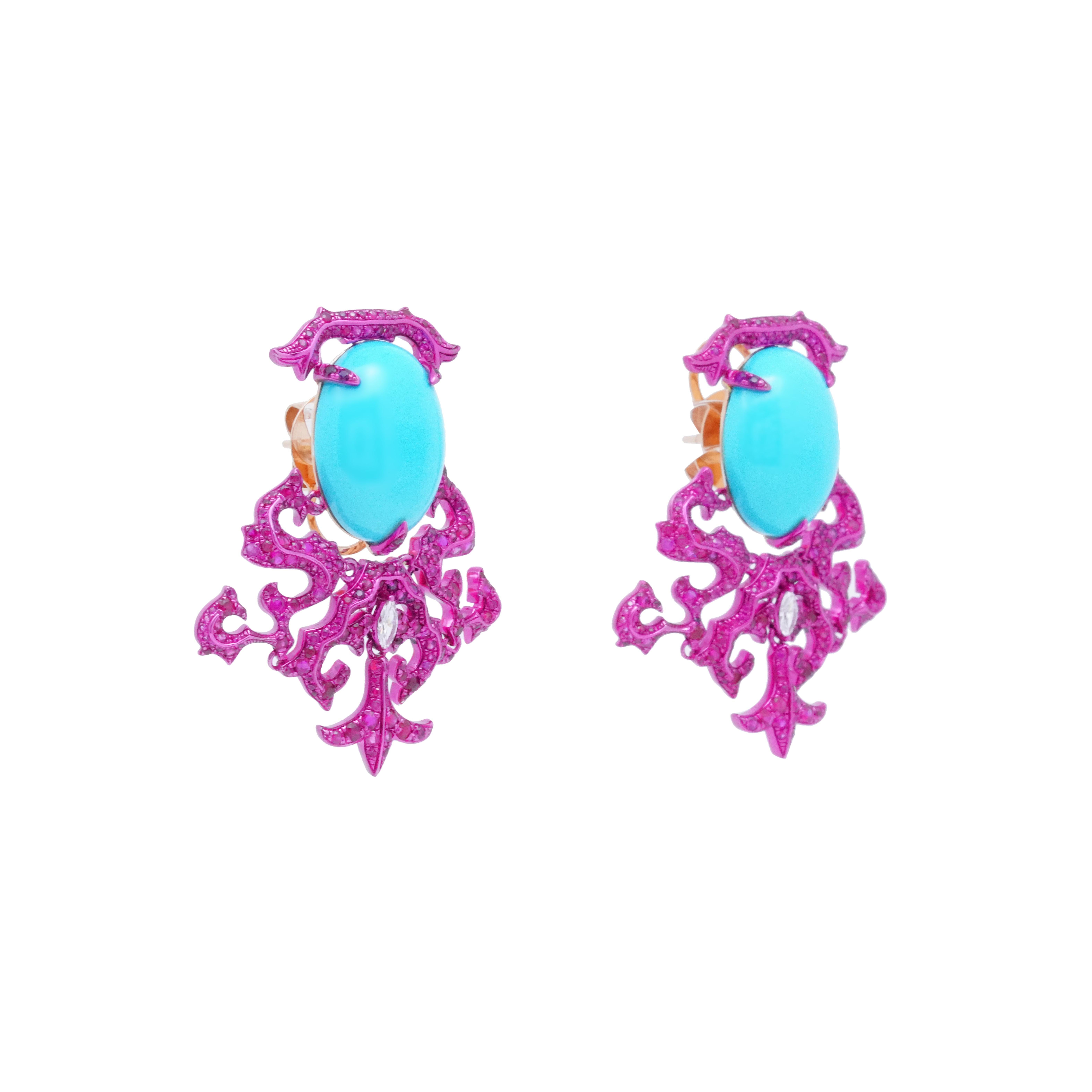 Mixed Cut Natural Turquoise & Ruby & Diamond Earrings, 18K Gold, Austy Lee For Sale