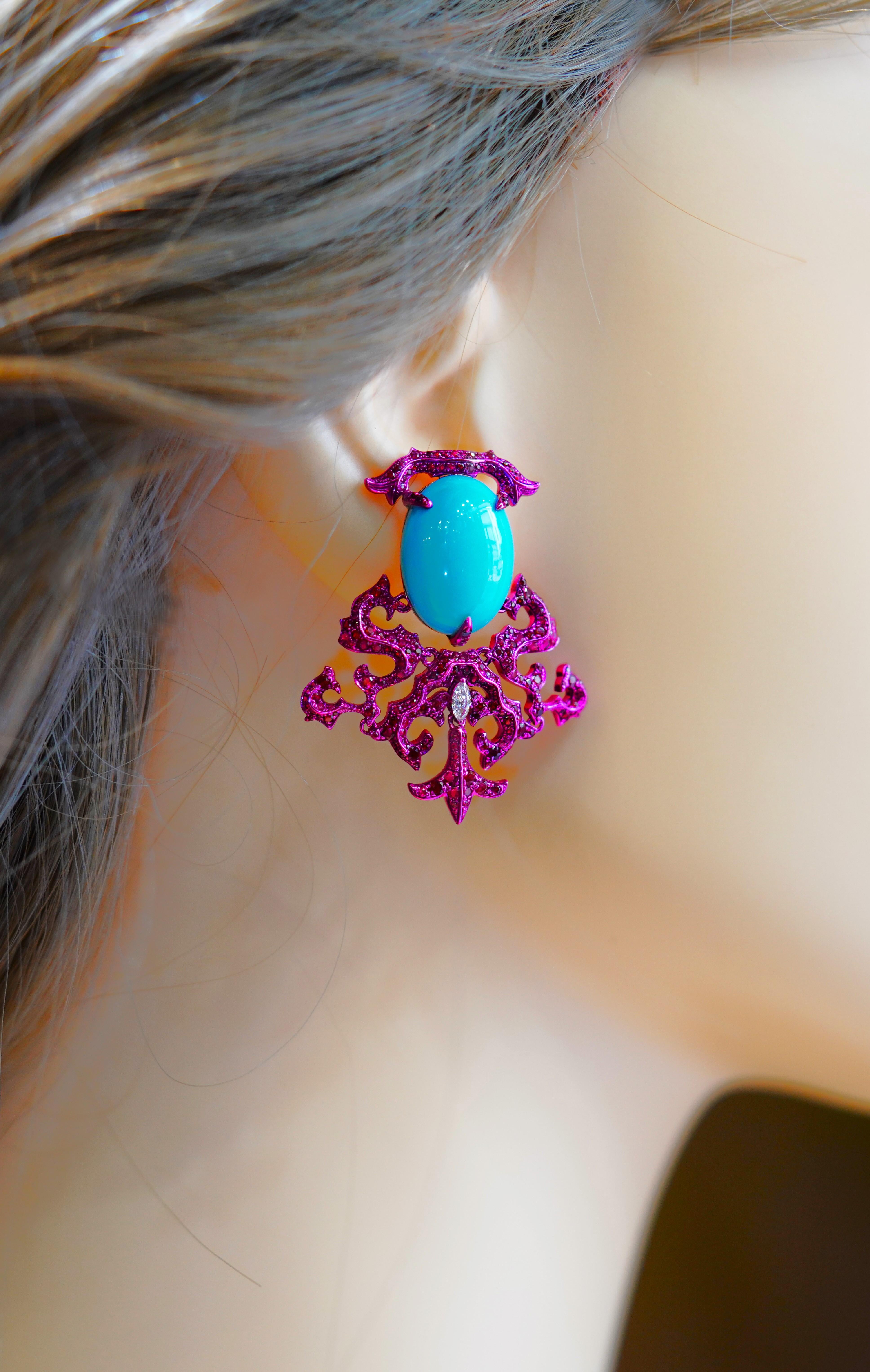 Natural Turquoise & Ruby & Diamond Earrings, 18K Gold, Austy Lee In New Condition For Sale In Hong Kong, HK