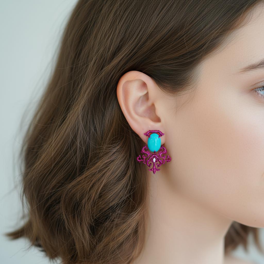 Ohrringe mit natürlichem Türkis, Rubin und Diamanten, 18 Karat Gold, Austy Lee im Zustand „Neu“ im Angebot in Hong Kong, HK