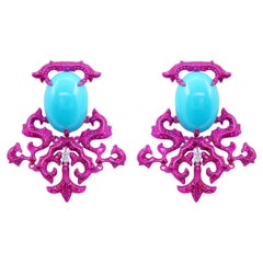 Pendientes de turquesa natural y rubí y diamantes, oro de 18 quilates, Austy Lee