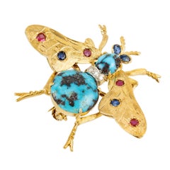 Natural Turquoise Ruby Sapphire Diamond Gold Bee Brooch