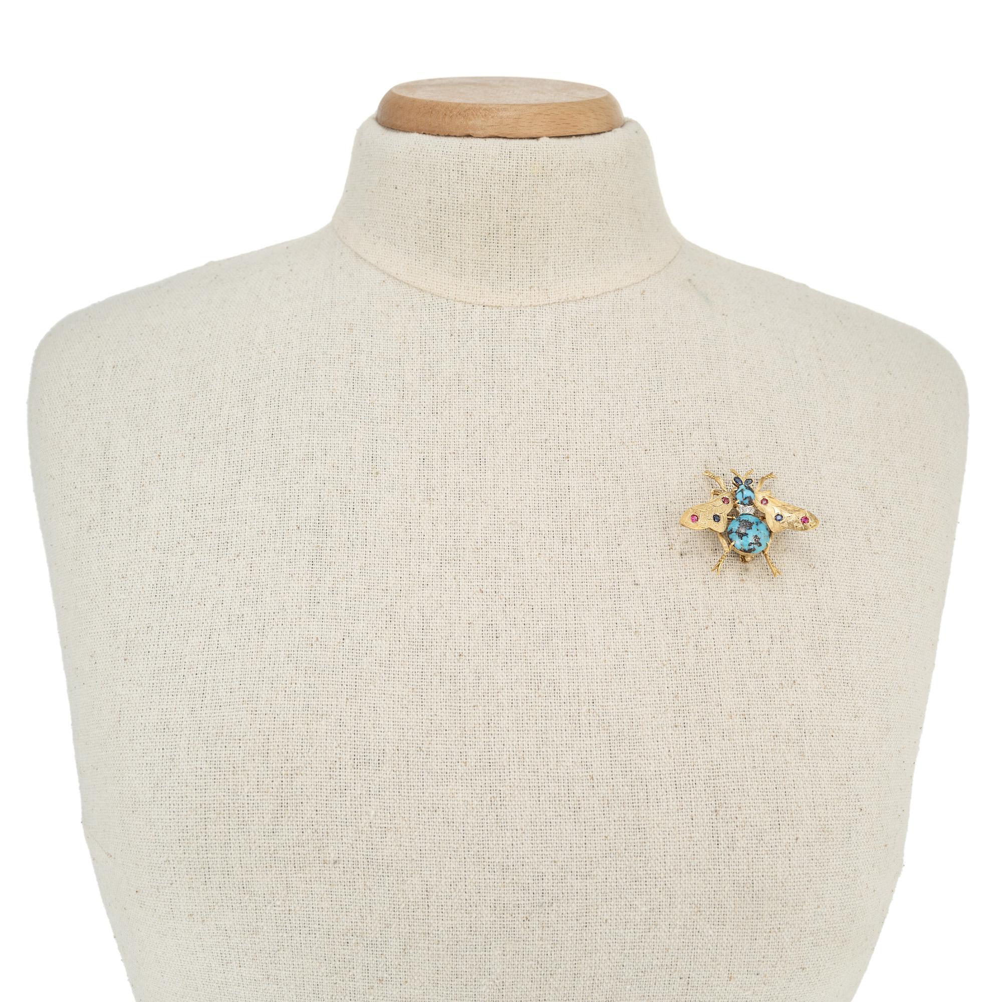 Natural Turquoise Ruby Sapphire Diamond Gold Bee Brooch In Good Condition For Sale In Stamford, CT