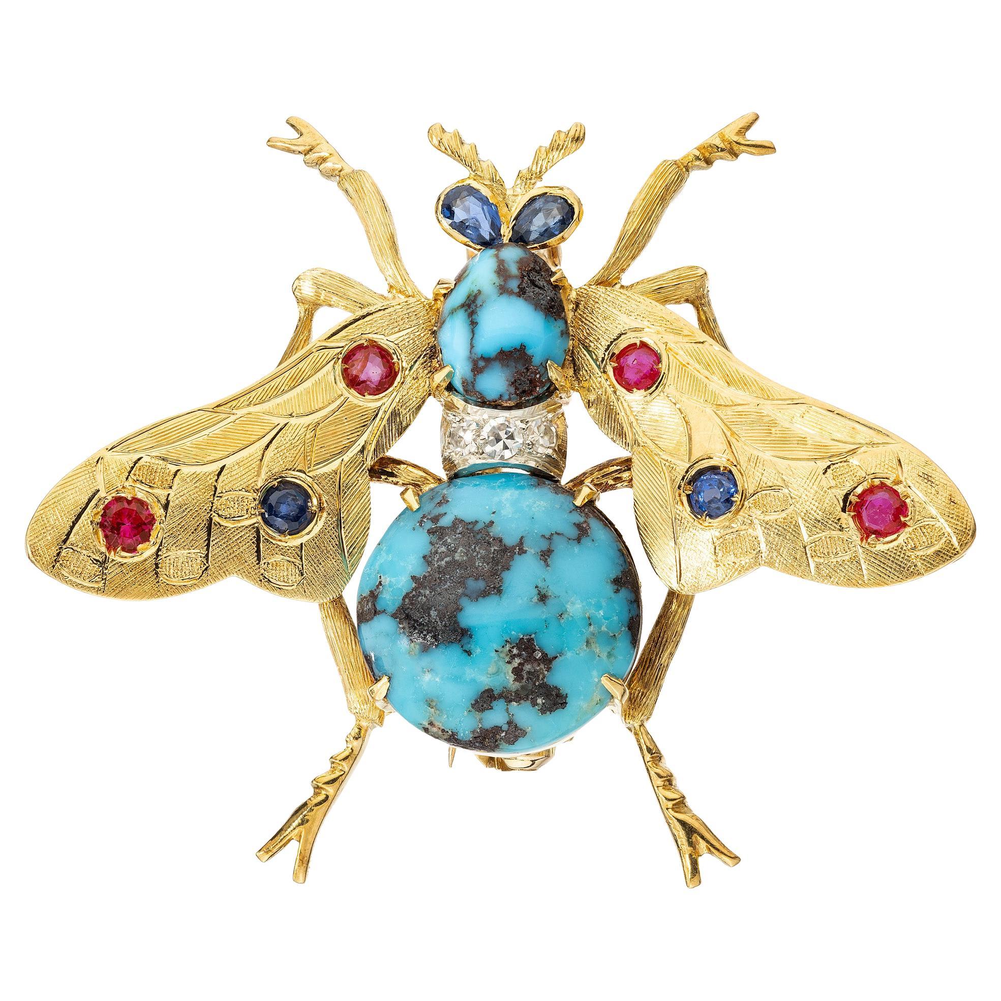 Natural Turquoise Ruby Sapphire Diamond Gold Bee Brooch For Sale