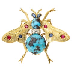 Natural Turquoise Ruby Sapphire Diamond Gold Bee Brooch