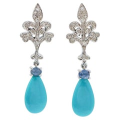 Élégantes boucles d'oreilles en or 14 carats, avec turquoise, saphir et diamants, neuves