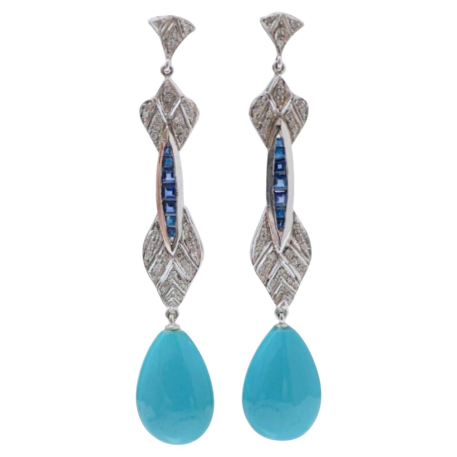 Elegant Gold Turquoise Sapphire Diamond Earrings, 0.23ct Diamonds