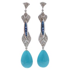 Elegant Gold Turquoise Sapphire Diamond Earrings, 0.23ct Diamonds