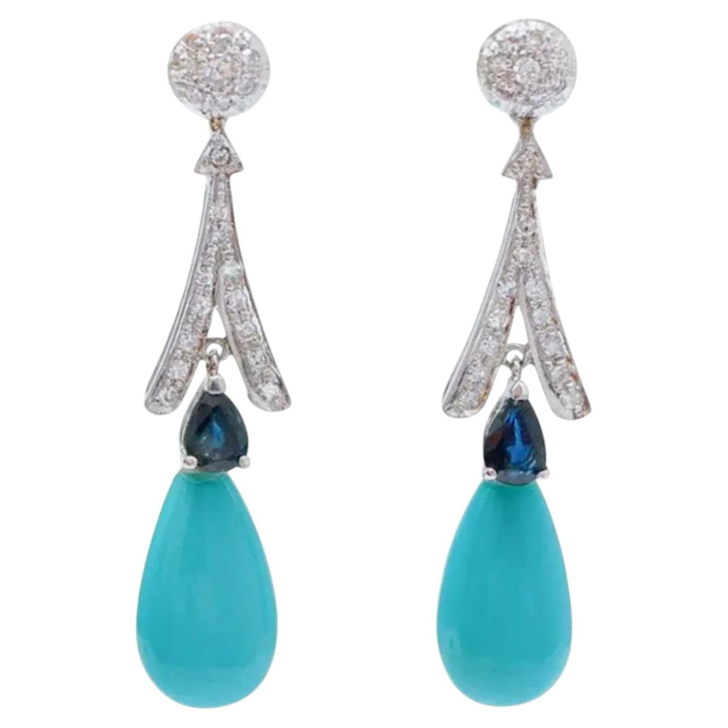 Elegant Gold Earrings with Turquoise, Sapphire, & Diamond Accents For Sale