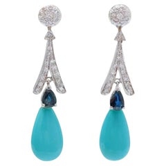 Elegant Gold Earrings with Turquoise, Sapphire, & Diamond Accents