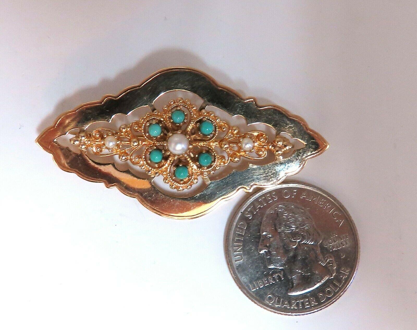 Natural Turquoise and Seed Pearl Open Gilt Etching Patterned Pin 14 Karat In Excellent Condition For Sale In New York, NY